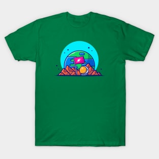 Standing Flag on Planet with Astronaut Helmet Space Cartoon Vector Icon Illustration T-Shirt